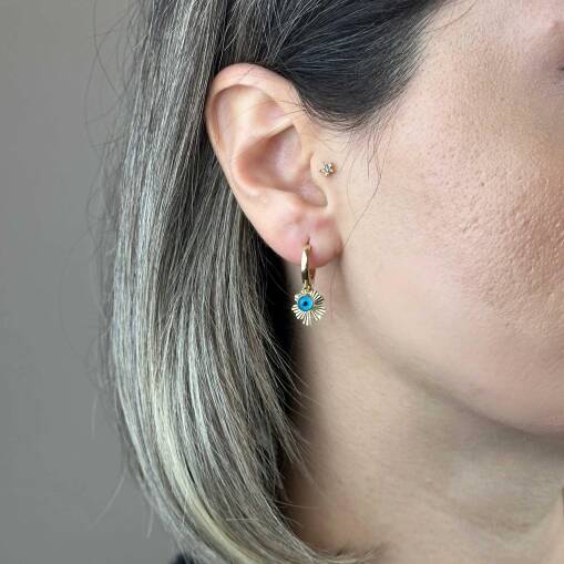 14 Ayar Altın Halka Küpe – Sallantılı Yonca & Nazar Boncuklu - 1