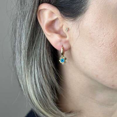 14 Ayar Altın Halka Küpe – Sallantılı Yonca & Nazar Boncuklu - 2