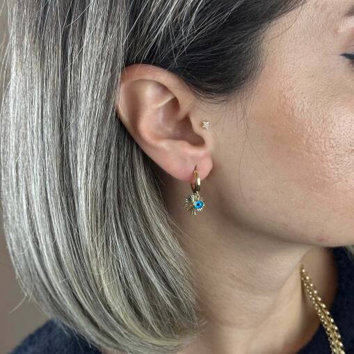 14 Ayar Altın Halka Küpe – Sallantılı Yonca & Nazar Boncuklu - 4