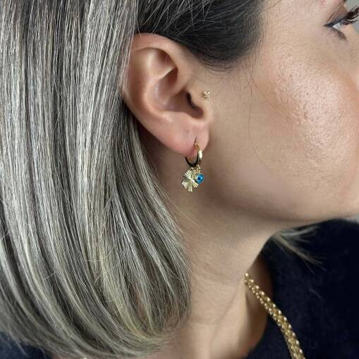 14 Ayar Altın Halka Küpe – Sallantılı Yonca & Nazar Boncuklu - 3