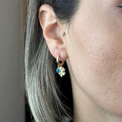 14 Ayar Altın Halka Küpe – Sallantılı Yonca & Nazar Boncuklu - 5