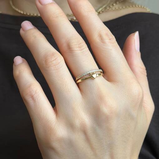 14 Ayar Altın Taşlı Kalp Yüzük – Modern ve Şık - 2