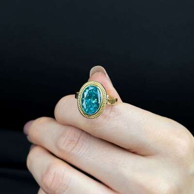 Mavi Taşlı 14 Ayar Yüzük, Akuamarin Oval Taşlı Altın Yüzük - 2