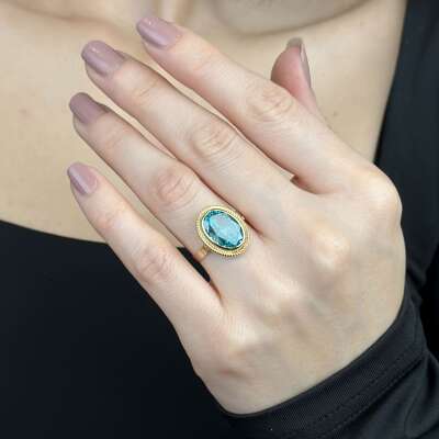 Mavi Taşlı 14 Ayar Yüzük, Akuamarin Oval Taşlı Altın Yüzük - 3