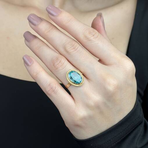 Mavi Taşlı 14 Ayar Yüzük, Akuamarin Oval Taşlı Altın Yüzük - 3