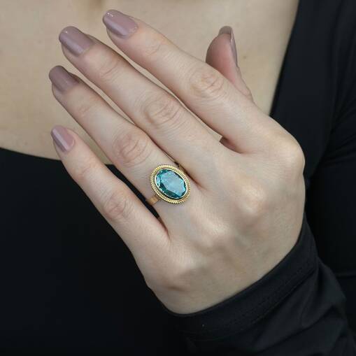 Mavi Taşlı 14 Ayar Yüzük, Akuamarin Oval Taşlı Altın Yüzük - 1