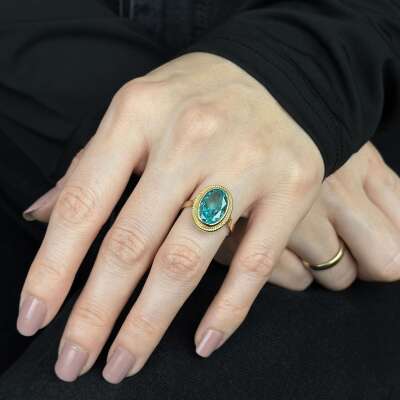 Mavi Taşlı 14 Ayar Yüzük, Akuamarin Oval Taşlı Altın Yüzük - 4