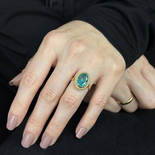 Mavi Taşlı 14 Ayar Yüzük, Akuamarin Oval Taşlı Altın Yüzük - 4