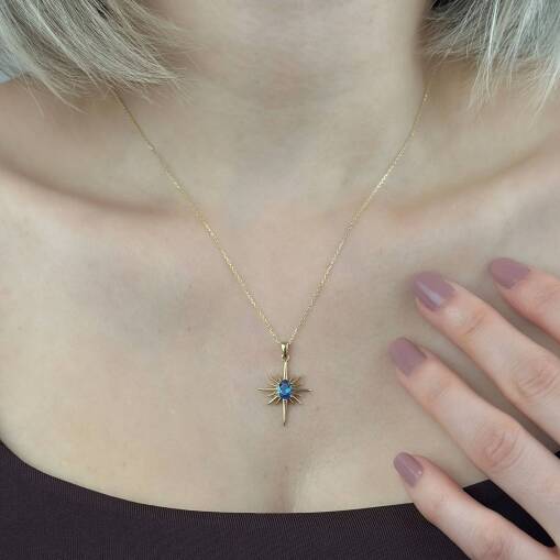 14 Ayar Altın Mavi Taşlı Kutup Yıldızı Kolye - 2