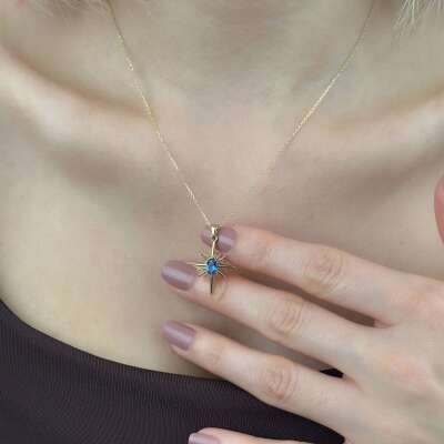 14 Ayar Altın Mavi Taşlı Kutup Yıldızı Kolye - ENGİNGOLD RZG