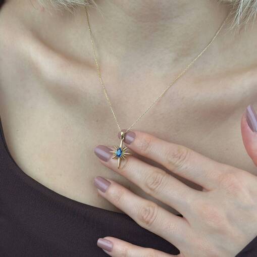 14 Ayar Altın Mavi Taşlı Kutup Yıldızı Kolye - 4