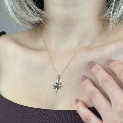 14 Ayar Altın Mavi Taşlı Kutup Yıldızı Kolye - 3