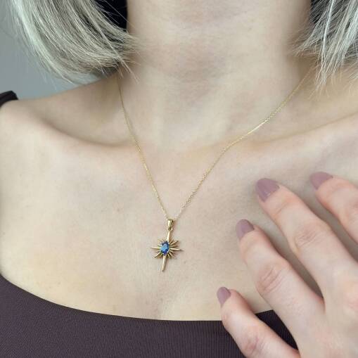 14 Ayar Altın Mavi Taşlı Kutup Yıldızı Kolye - 3