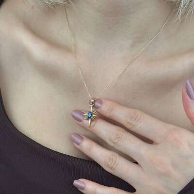 14 Ayar Altın Mavi Taşlı Kutup Yıldızı Kolye - 4