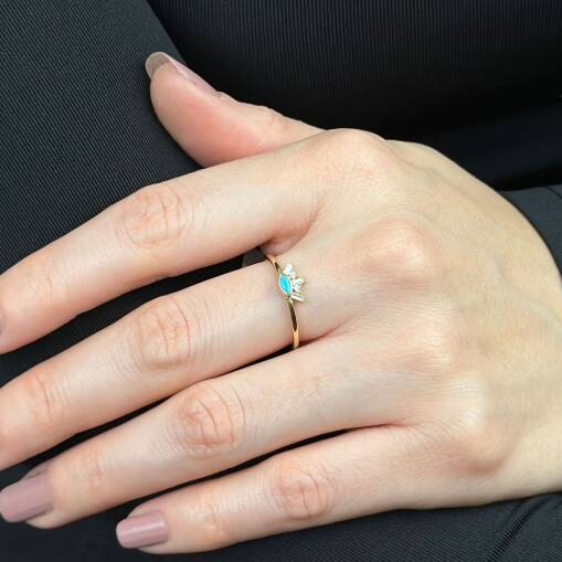 Modern 14 Ayar Altın Mavi Taşlı Göz Eklem Yüzük - 4