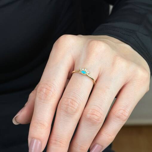 Modern 14 Ayar Altın Mavi Taşlı Göz Eklem Yüzük - 1