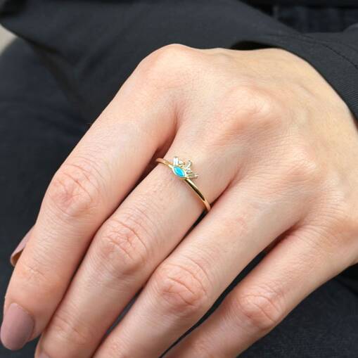 Modern 14 Ayar Altın Mavi Taşlı Göz Eklem Yüzük - 2