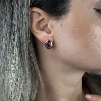 14 Ayar Mor Taş Altın Taşlı Küpe – J Küpe Modeli - 3