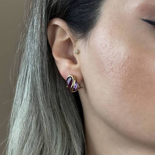 14 Ayar Mor Taş Altın Taşlı Küpe – J Küpe Modeli - 2