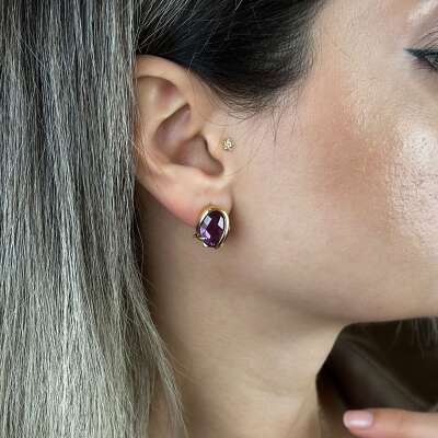 14 Ayar Mor Taş Altın Taşlı Küpe – J Küpe Modeli - 4