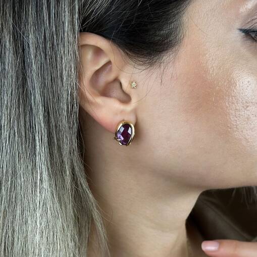 14 Ayar Mor Taş Altın Taşlı Küpe – J Küpe Modeli - 4