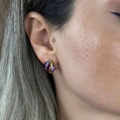 14 Ayar Mor Taş Altın Taşlı Küpe – J Küpe Modeli - ENGİNGOLD İZM