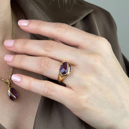 Mor Taş Detaylı 14 Ayar Taşlı Altın Yüzük - 2