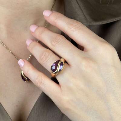 Mor Taş Detaylı 14 Ayar Taşlı Altın Yüzük - 3