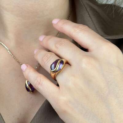 Mor Taş Detaylı 14 Ayar Taşlı Altın Yüzük - 4