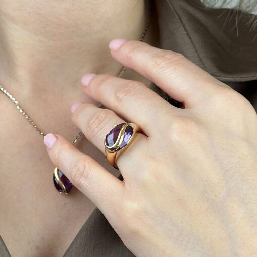Mor Taş Detaylı 14 Ayar Taşlı Altın Yüzük - 4