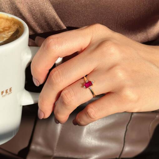 14 Ayar Altın Pembe Baget Taşlı Yüzük | Elegant Takı Modeli - 1