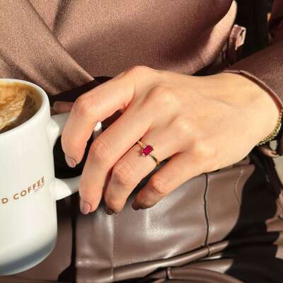 14 Ayar Altın Pembe Baget Taşlı Yüzük | Elegant Takı Modeli - 2