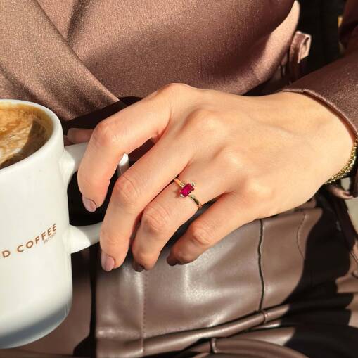 14 Ayar Altın Pembe Baget Taşlı Yüzük | Elegant Takı Modeli - 2