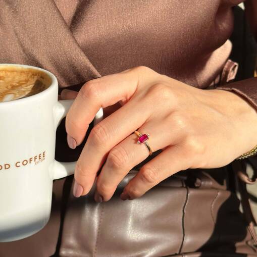 14 Ayar Altın Pembe Baget Taşlı Yüzük | Elegant Takı Modeli - 3