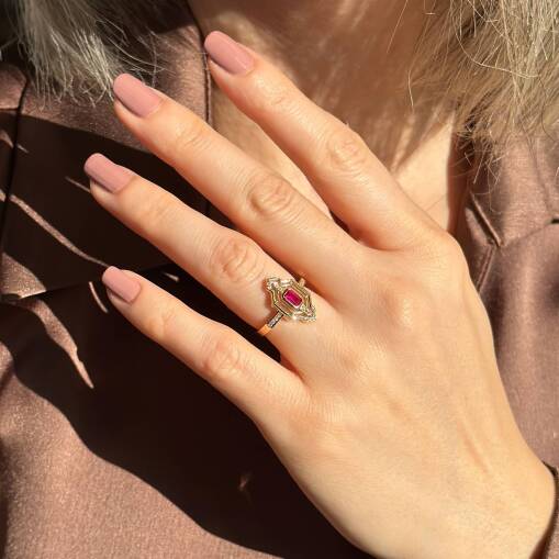 14 Ayar Altın Pembe Taşlı Ruby Vintage Yüzük – Hediyelik - 1