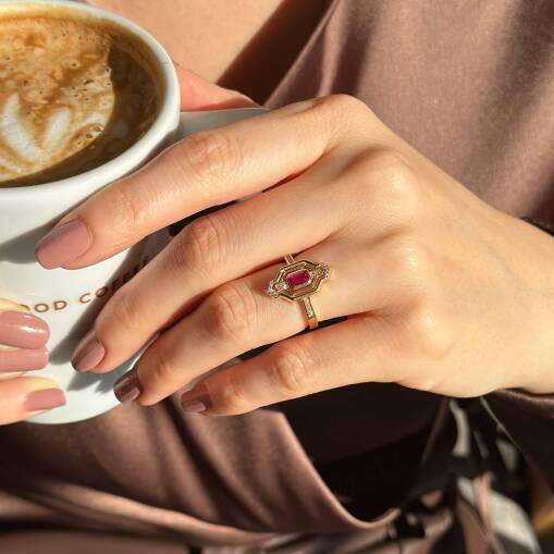 14 Ayar Altın Pembe Taşlı Ruby Vintage Yüzük – Hediyelik - 2