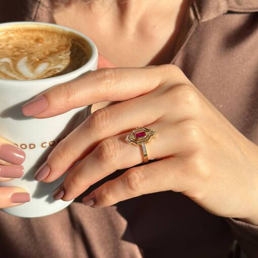 14 Ayar Altın Pembe Taşlı Ruby Vintage Yüzük – Hediyelik - 3