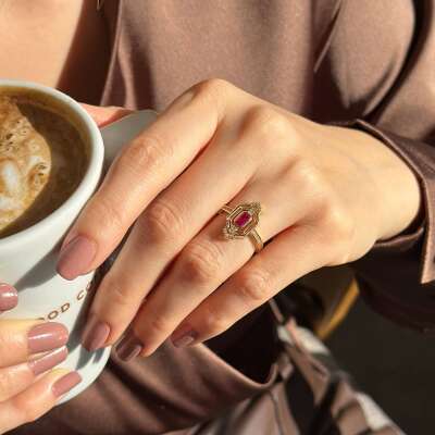 14 Ayar Altın Pembe Taşlı Ruby Vintage Yüzük – Hediyelik - 4