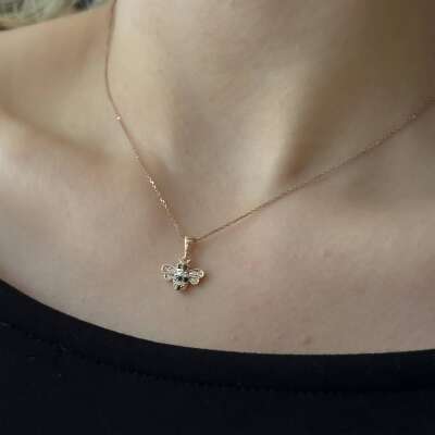 Pırlanta Taşlı Arı Kolye - 14 Ayar Altın Rose Gold Kaplama - 2