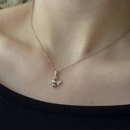 Pırlanta Taşlı Arı Kolye - 14 Ayar Altın Rose Gold Kaplama - 2