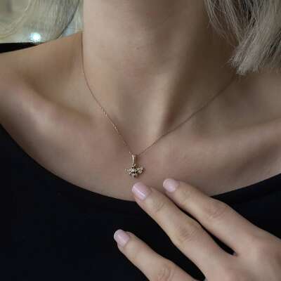 Pırlanta Taşlı Arı Kolye - 14 Ayar Altın Rose Gold Kaplama - 3