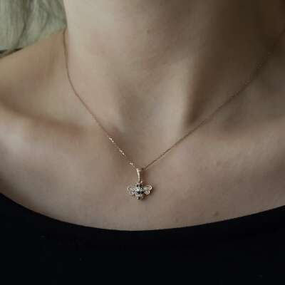 Pırlanta Taşlı Arı Kolye - 14 Ayar Altın Rose Gold Kaplama - 4