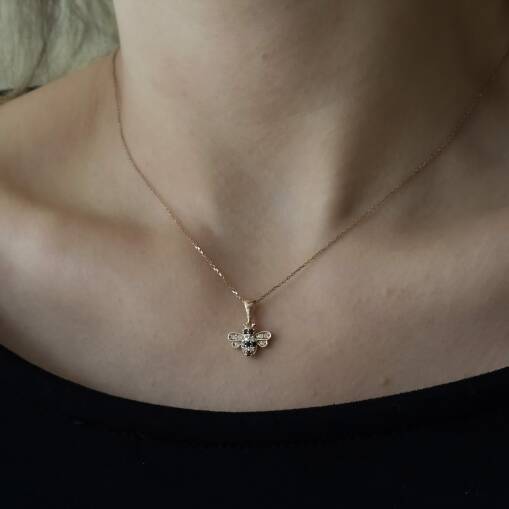 Pırlanta Taşlı Arı Kolye - 14 Ayar Altın Rose Gold Kaplama - 4