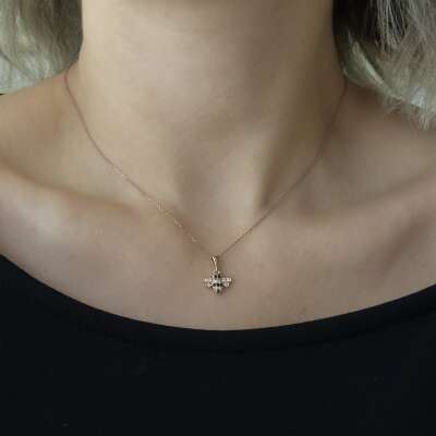 Pırlanta Taşlı Arı Kolye - 14 Ayar Altın Rose Gold Kaplama - 5