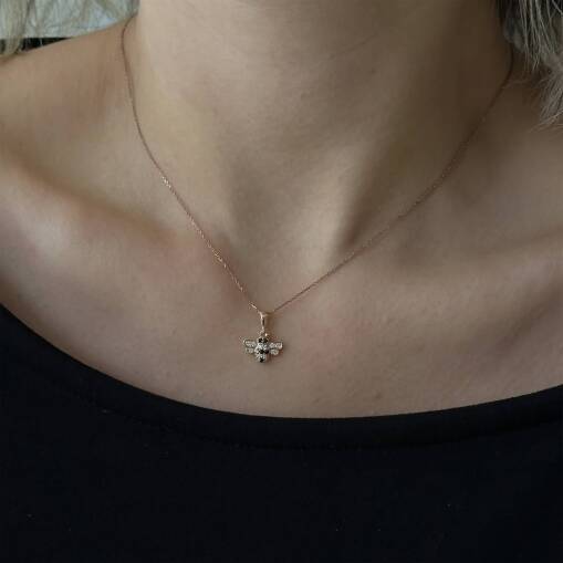 Pırlanta Taşlı Arı Kolye - 14 Ayar Altın Rose Gold Kaplama - 1
