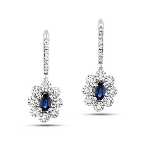 Pırlantalı Oval Safir Taşlı Küpe - 1