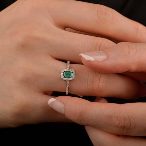 Pırlantalı Zümrüt Taşlı Baget Model Yüzük - 1