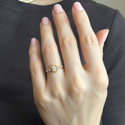 14 Ayar Altın Prenses Yüzük – Oval Taşlı Vintage Stil - 5