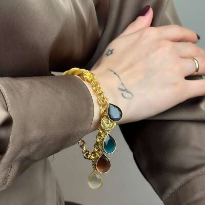 22 Ayar Altın Renkli Bileklik – Damla Taşlı Tasarım - 4