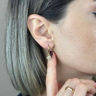 14 Ayar Altın Sallantılı Küpe – Kalemli Yaprak Zirkon Taşlı - 3